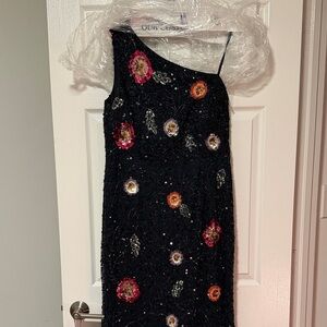 One-Shoulder Navy Sequin Floral Evening Dress